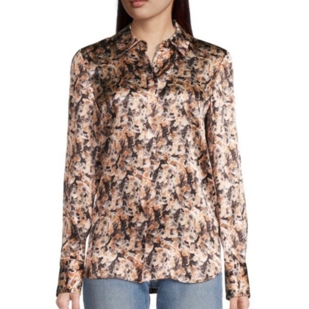 Lafayette 148 New York Scottie 100% Silk Abstract Button Front Blouse XL Brown